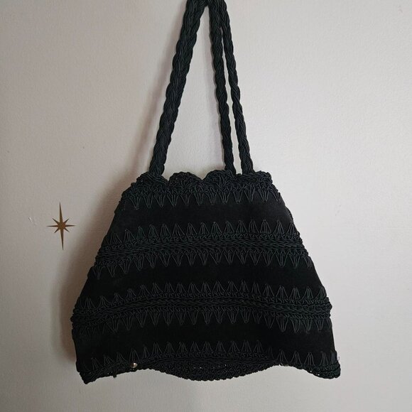 Vtg Walborg Italian Shoulder Purse, Black Leather with braiding Whimsigoth Boho - Picture 4 of 6